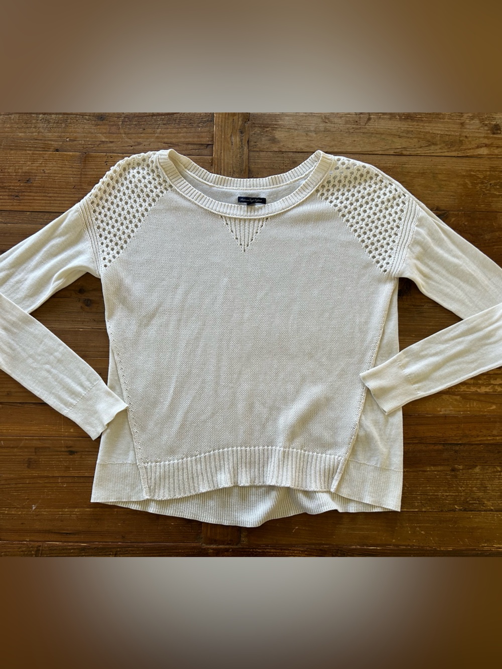 American Eagle Outfitters Cream Knit Crewneck Sweater with Eyelet Panels